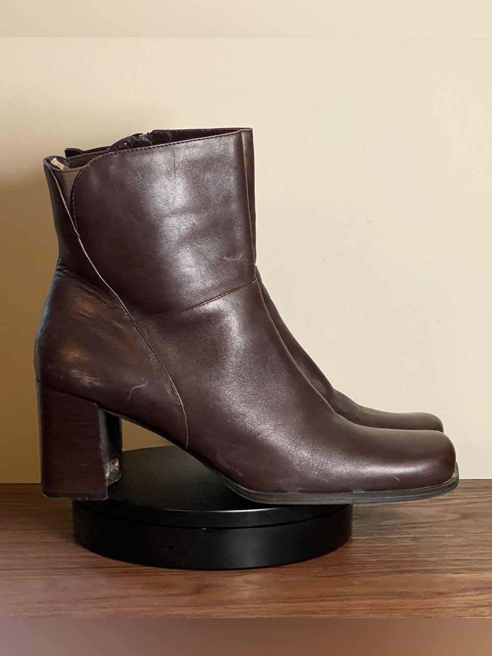 Vintage Connie Brown Leather Square Toe Heeled Boots - US 12